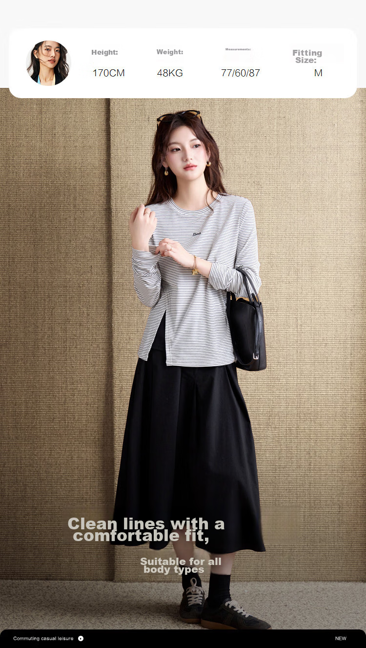Demana [Striped Aesthetics] Spring Retro Style Double-Layer Collar Embroidered Patchwork Split Hem Petite Women's T-Shirt 9