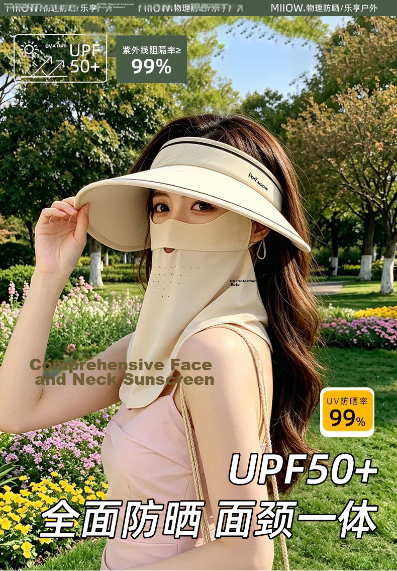 Miiow Women's Sun Protection Hat Open Top Hat with Face Mask UV Protection Black 1