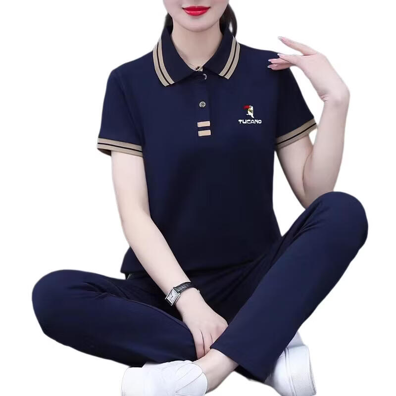 Woodpecker Pure Cotton Casual Sports Polo Set for Women Summer Fashion Youthful Middle-aged Mom Two-piece Set Royal Blue L