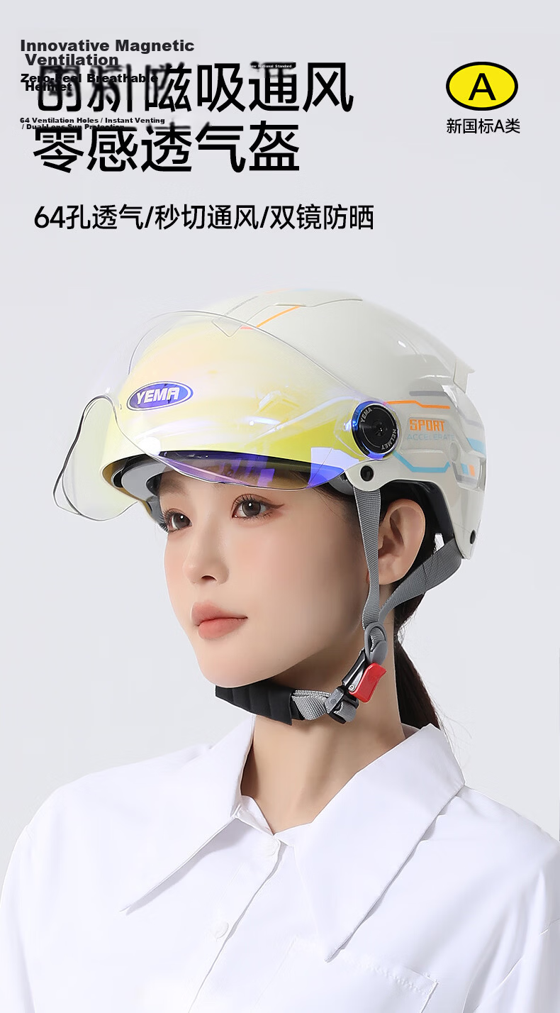 YEMA 3C Certified New National Standard Electric Vehicle Helmet Women Summer Sun Protection Dual Lens Motorcycle Half Helmet Men Summer Riding Electric Scooter Safety Helmet 371S Ceramic White with Tr 2