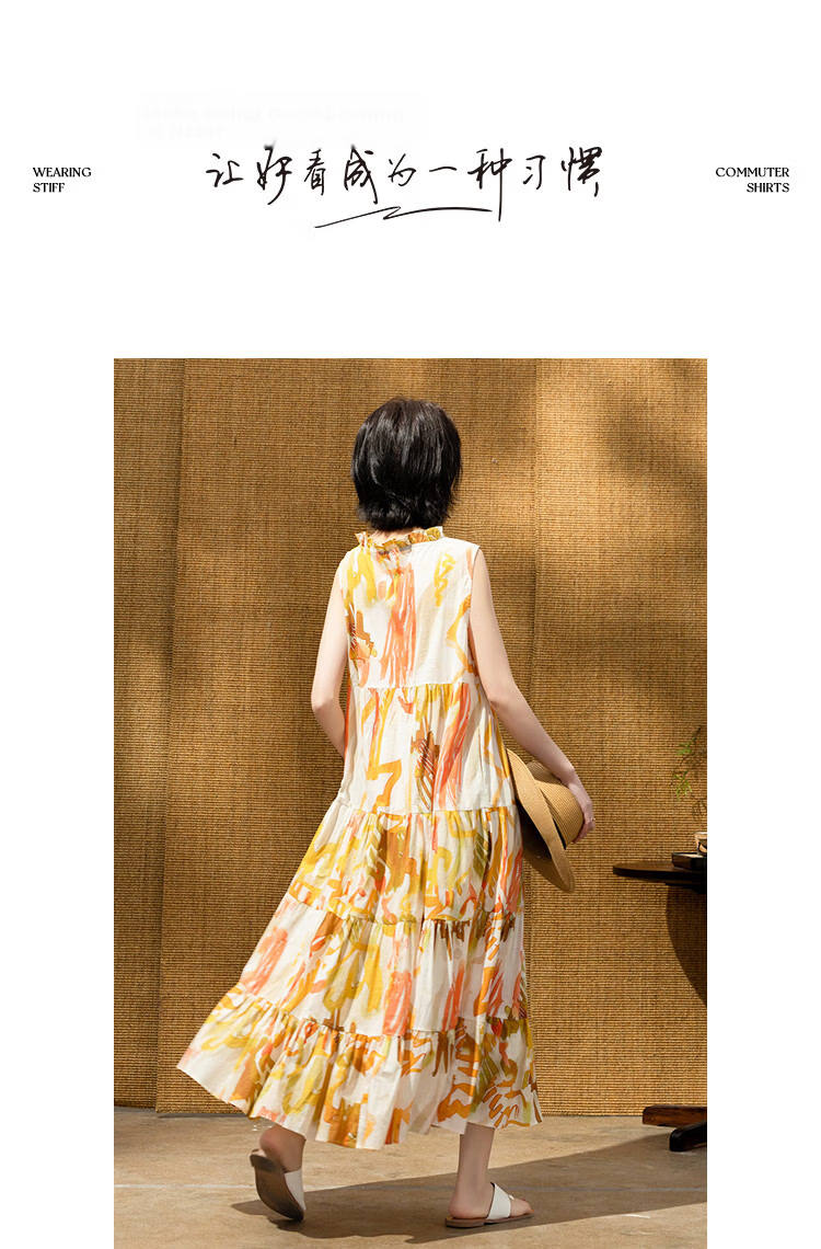 Demana [Oxygen Pure Cotton] Summer Vacation Style Tie-Waist Ruffle Collar Printed Slim Dress for Petite Women 9