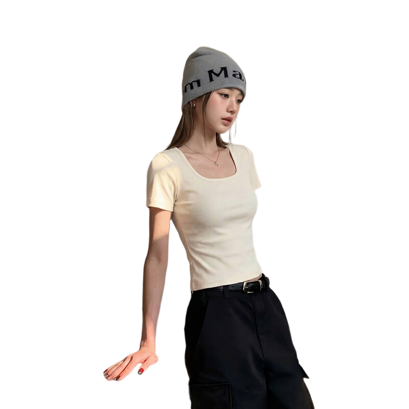 TonLion Women's Short Sleeve Square Neck Slim Fit Shoulder T-Shirt Summer New Short Top for Petite Women