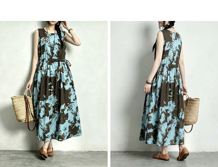 Demana [Artistic Forest Girl] Summer Ethnic Style Printed Round Neck Sleeveless Drawstring Slim Fit Dress for Women Premium Quality 15