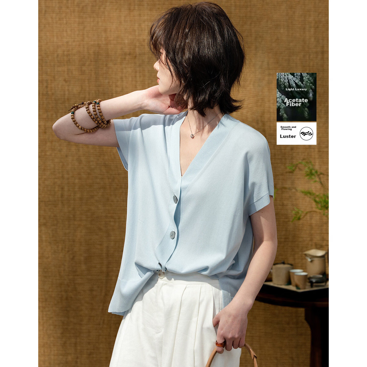 Demana [Cotton Acetate Fiber Blend] Spring Minimalist V-Neck Sleeve Cardigan Loose Slim Fit Stretch Women's Knitwear