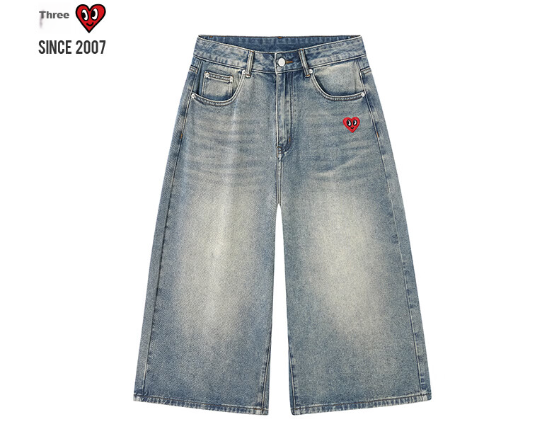 Charles Heart American Vintage Gradient Denim Cropped Pants Mid-Waist Loose Draped Wide-Leg Slimming Versatile Shorts Light Blue 2XL 5