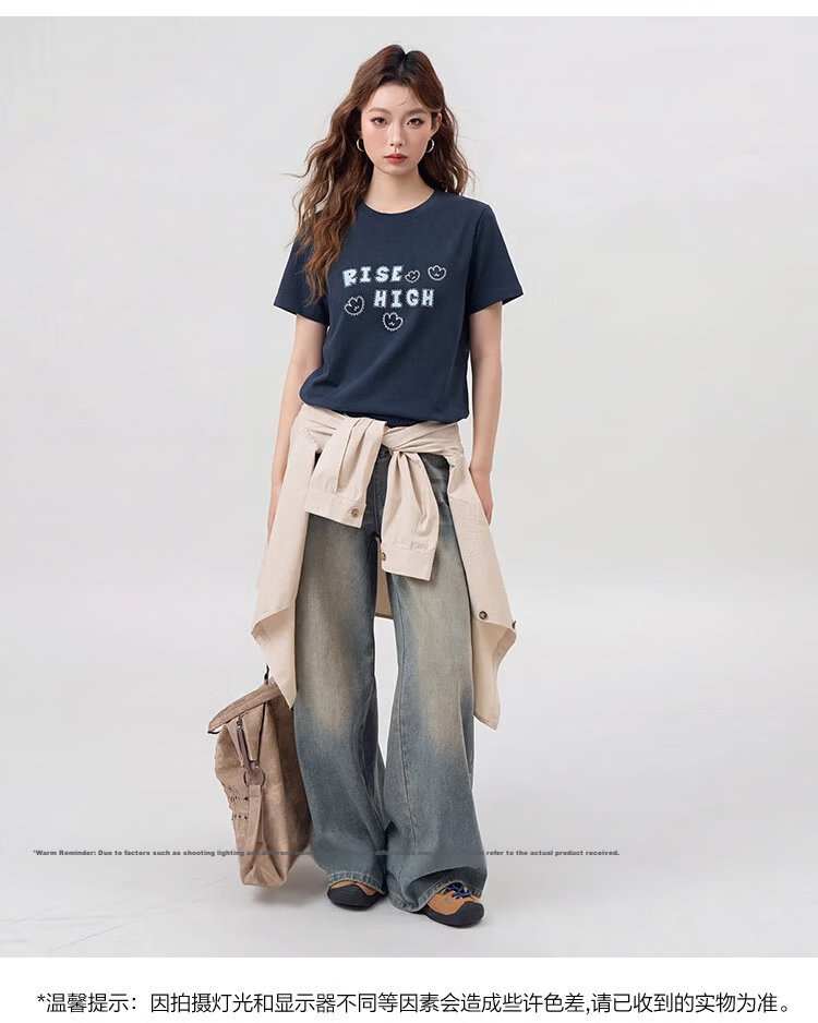 TonLion 2026 Summer New Women's Short Sleeve T-Shirt American Early Spring Stylish Navy Blue Slim Fit Top 9
