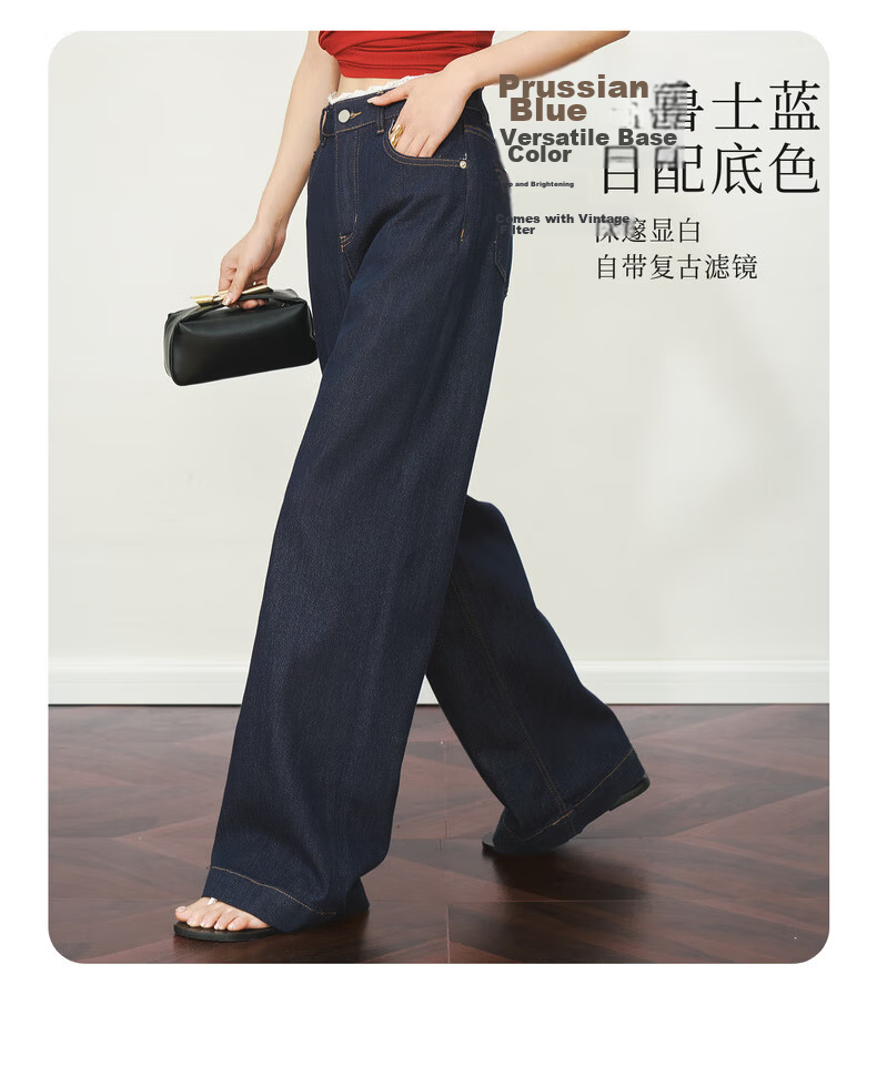 Olrain Women's Blue Slim Straight Wide-Leg High-Waist Draped Jeans Summer Prussian Blue L 13