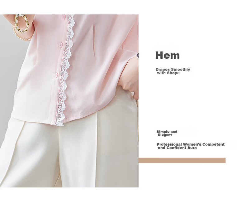 Jeanswest Women's Short Sleeve Shirt 2026 Summer Korean Style Lace Trim Lapel Waist Slimming High-End Pink M 6