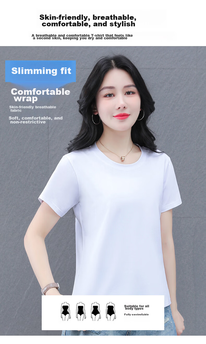 Shuangxing Pure Cotton Short Sleeve T-Shirt Women Summer Regular Shoulder Basic Solid Color Casual Middle-aged Plus Size Slim Fit Top Khaki L 7