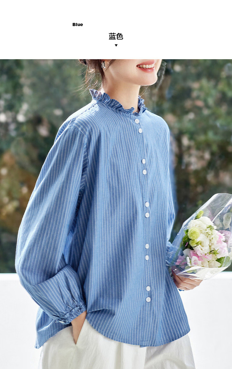 Demana [Pure Cotton Whisper] Spring Korean Style Lace Stand Collar Striped Loose Long Sleeve Commuter Shirt Women's Top 10