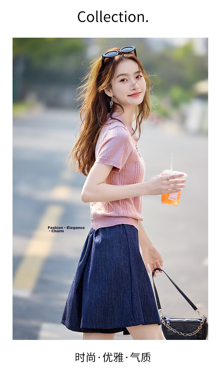 Shangjing Women's Short Sleeve Knit Top Summer New Sweet Polo Collar Slim T-Shirt 5