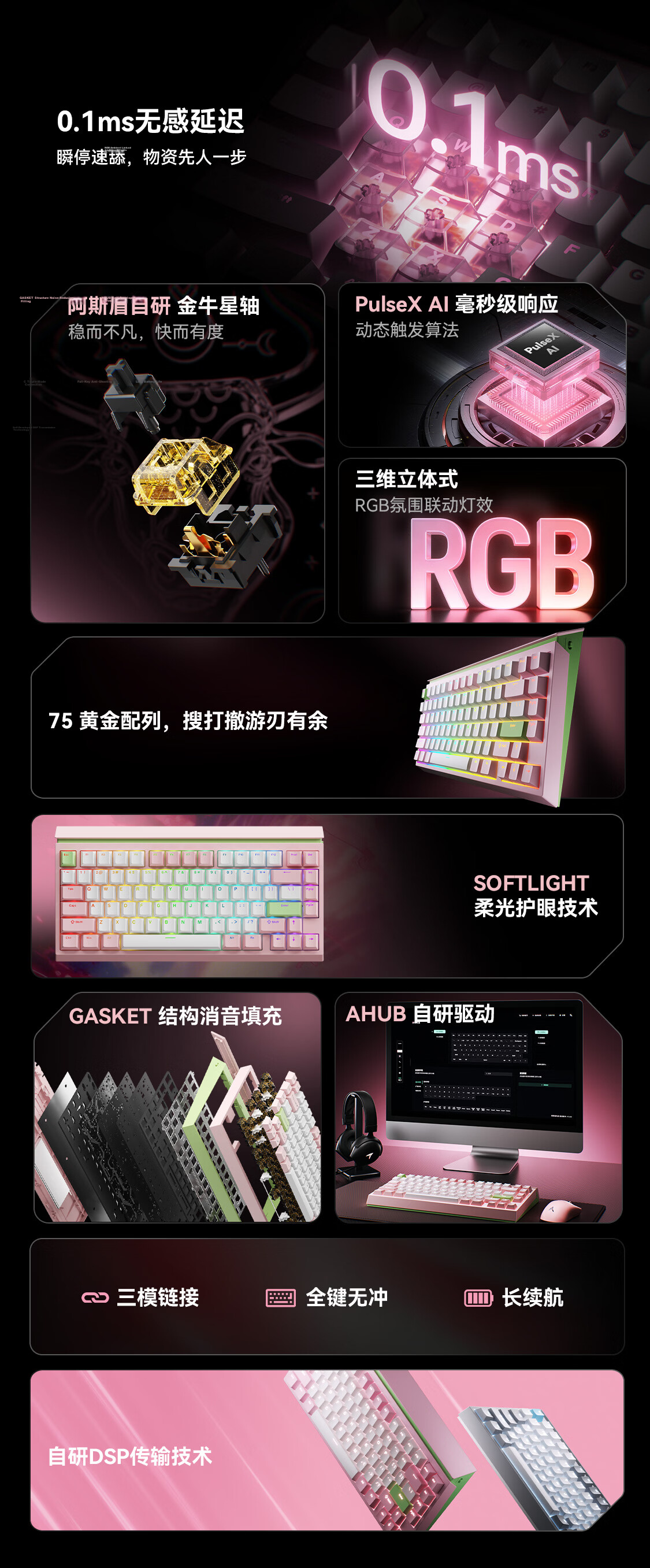 AUSDOM U75 Custom Mechanical Keyboard Wired/Wireless/Bluetooth Tri-Mode Hot-Swappable 75-Key Gasket Structure RGB Gray HIFI Golden Taurus Switches for Gaming and Office 3
