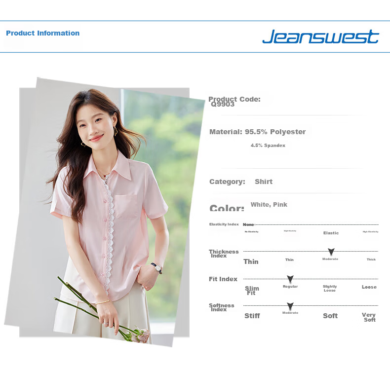 Jeanswest Women's Short Sleeve Shirt 2026 Summer Korean Style Lace Trim Lapel Waist Slimming High-End Pink M 7