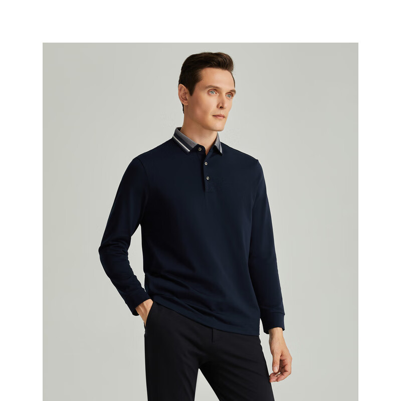 Shachi (SATCHI) Brushed Light-Absorbing Heat-Generating Constant Temperature Color-Block Lapel Business Men's Long-Sleeve T-Shirt Polo Shirt Men's Clothing Autumn Winter Dark Blue Size 46