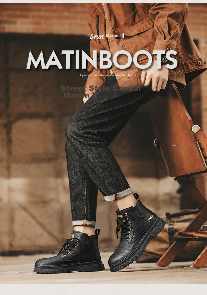 Bull Family Men's Boots Autumn Winter New British Retro Martin Boots Thick Sole Wear-Resistant Men's Work Boots Versatile Casual High-Top Shoes 7