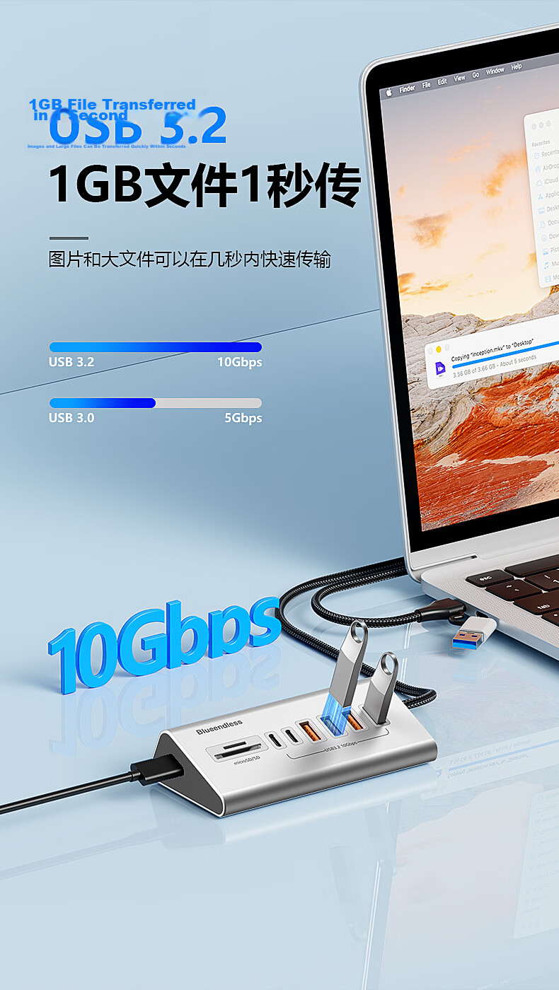 Lanshuo High-Speed USB Multi-Port Hub 10Gbps JD Self-Operated Laptop Desktop Splitter Desktop Type-C Docking Station Aluminum Alloy 1 Meter Cable 3
