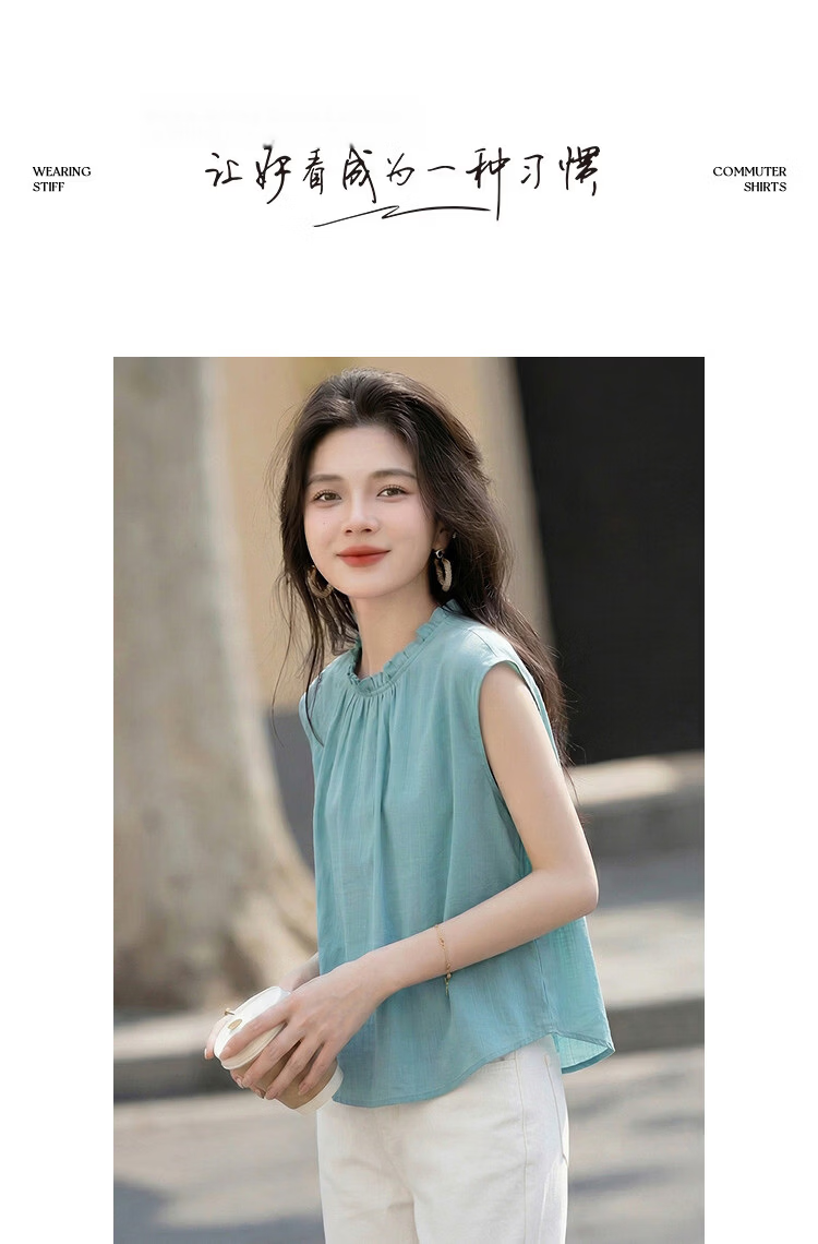Demana [Ramie Lyocell Blend] Summer Artistic Style Ruffled Round Neck Cap Sleeve Slim Fit Shirt for Women High-End Feel 13