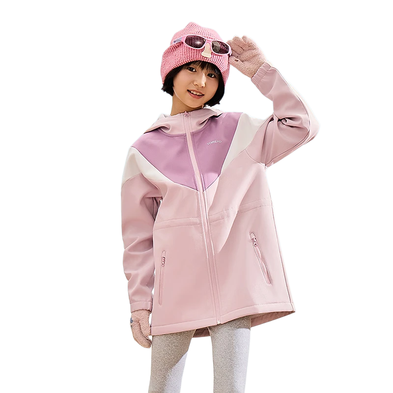 TOREAD Flagship Children's Jacket for Girls, Autumn And Winter Style, Warm Windproof Soft Shell Sportswear, Candy Pink, Size 150