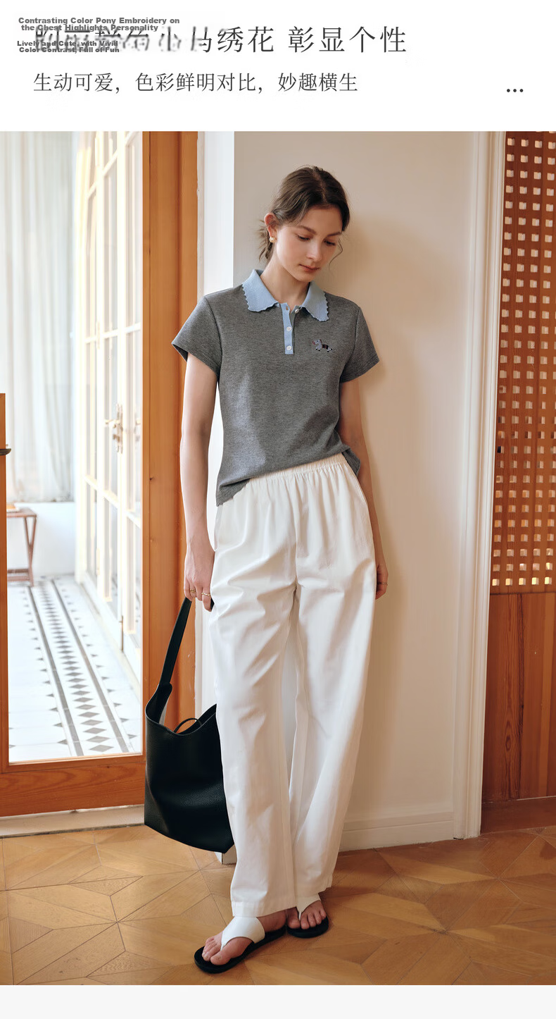 Olrain Colorblock Wave Edge Polo Collar Design T-Shirt Women Summer Short Sleeve Top Gray XL 9