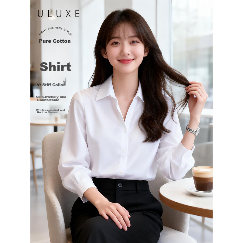 Yulixi 100% Cotton DP Non-Iron Long Sleeve Slim Fit Professional Stand Collar White Shirt for Women