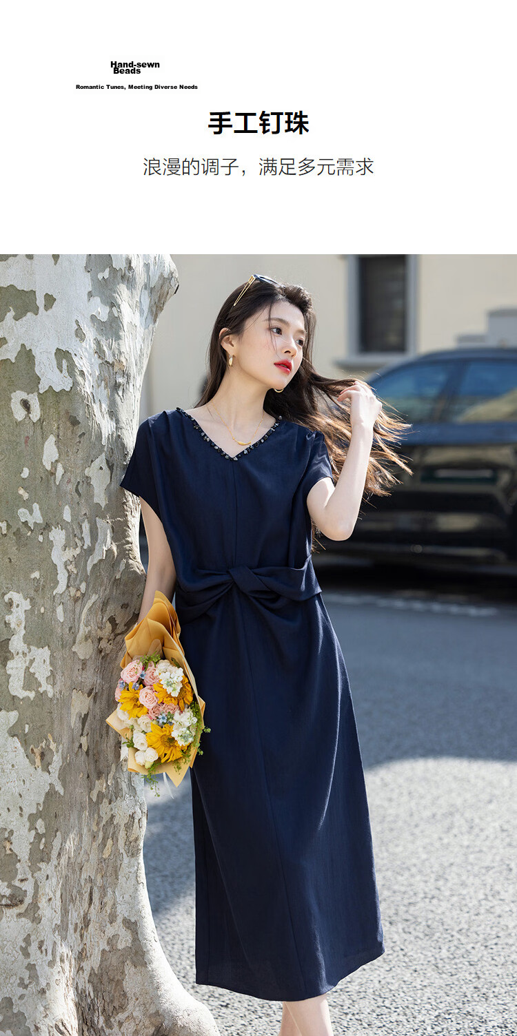 Demana Elegant Commuter Summer V-Neck Hand-Beaded Knot Shoulder-Cover Sleeve Loose Dress for Women Premium Feel 7
