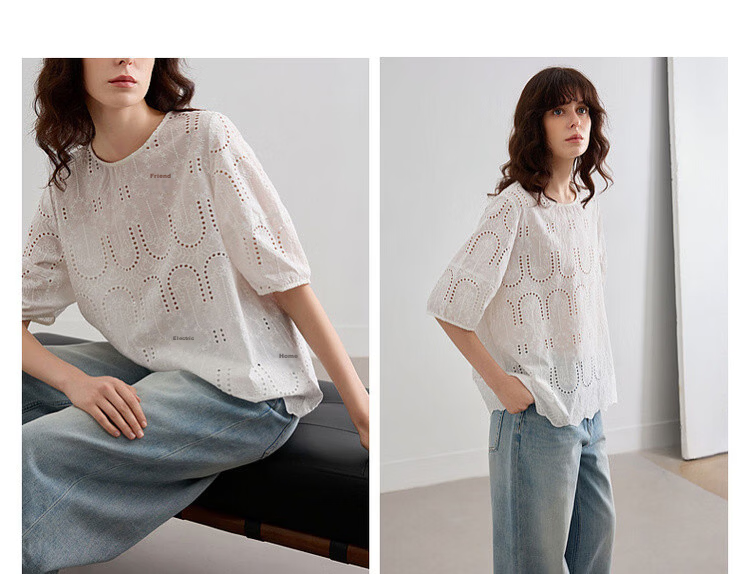 Demana Pure Cotton Light Life Summer Artistic Lace Embroidered Round Neck Shirt with Hem Lace Short Sleeve Blouse for Women 6