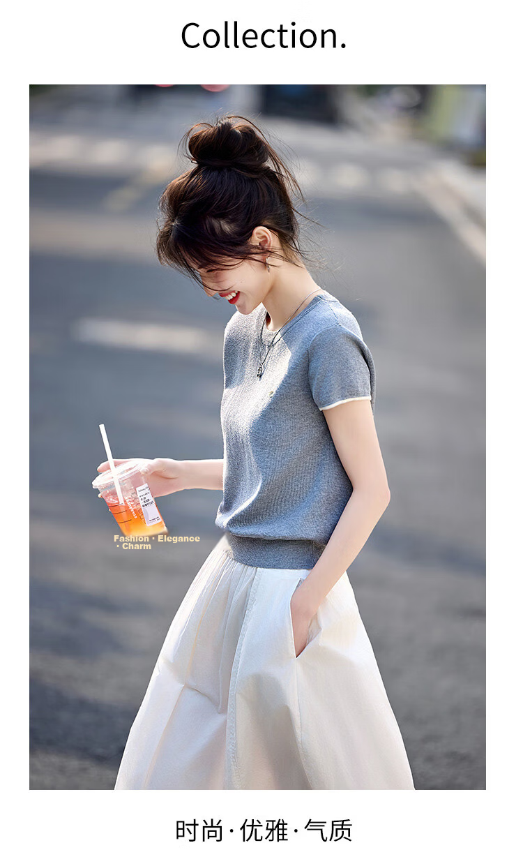 Shangjing Women's Short Sleeve Knit Top Summer New Slim Fit Simple Short T-Shirt for Petite Women 7