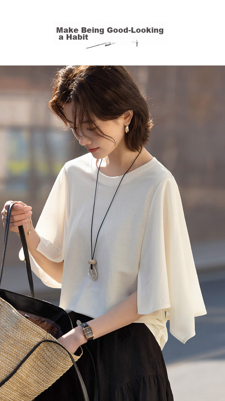 Demana [Lyocell] Summer Elegant Round Neck Three-Quarter Bell Sleeve Loose Slim Fit Petite T-Shirt for Women Premium Quality 1