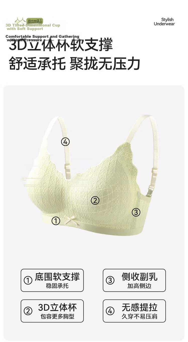 Xueqiman Women's Spring Summer Thin Seamless Nude Sensation Small Bust Push-Up Wireless Anti-Sagging Side Support Beautiful Back Bra 3