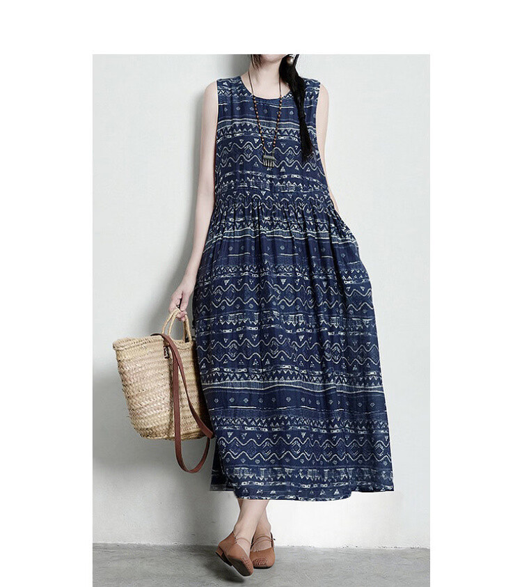 Demana [Artistic Forest Girl] Summer Ethnic Style Printed Round Neck Sleeveless Drawstring Slim Fit Dress for Women Premium Quality 10