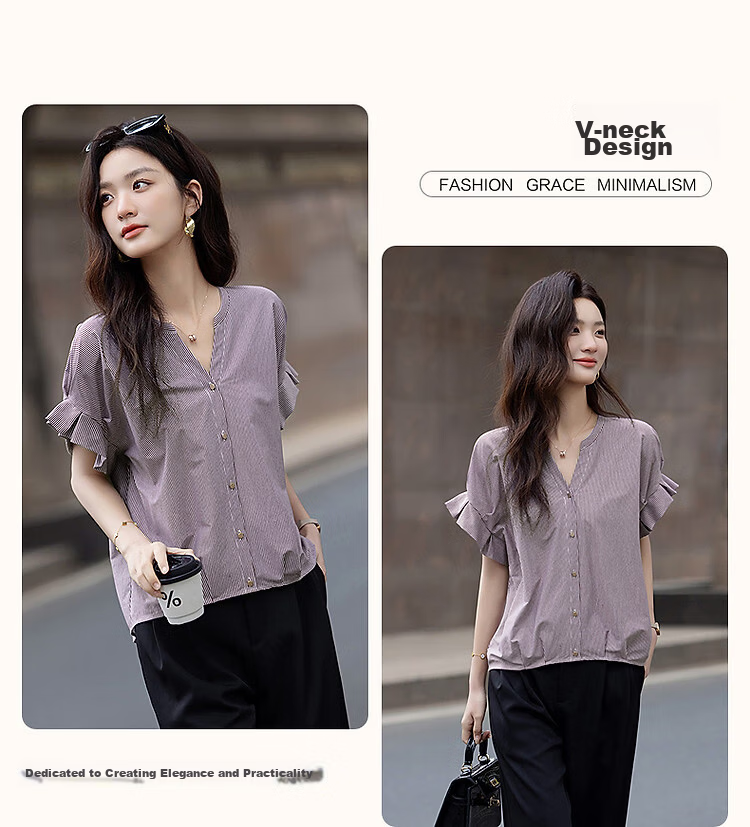 Demana 100% Cotton Summer Casual V-Neck Pleated Ruffle Sleeve Loose Fit Shirt for Women 5