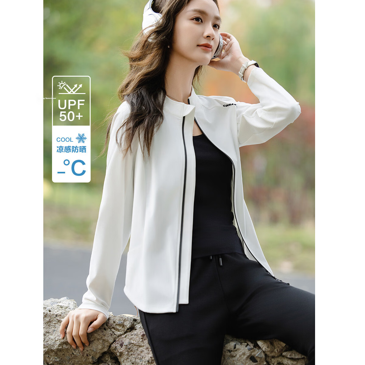 Demana Women's Slim Fit Spring Outdoor Windbreaker with Stand Collar and Color-Block Print, UPF50+ UV Protection