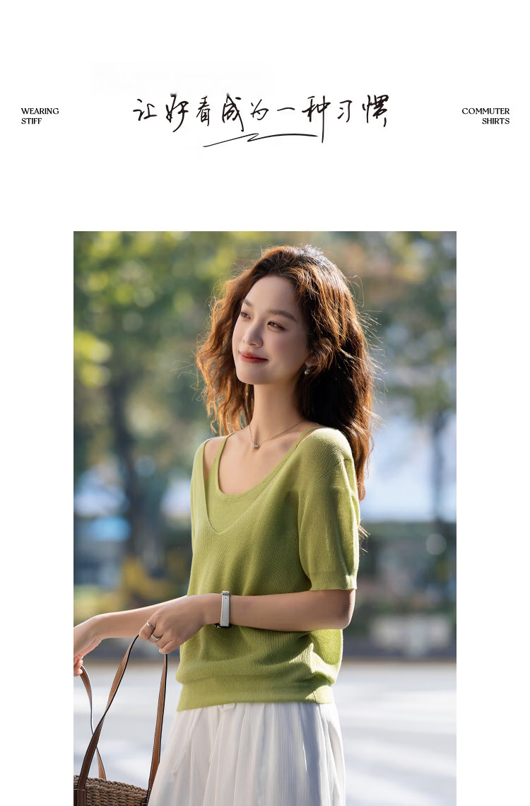 Demana [Breathable Tencel] Spring Design Fake Two-Piece Short Sleeve Sweater Gentle Slimming Women's Knitwear 10
