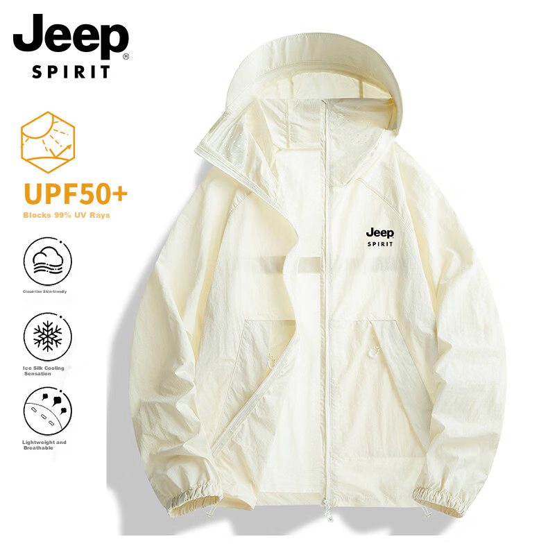 JEEP SPIRIT Men's Summer Sun Protection Jacket UV Protection Ice Silk Lightweight Outdoor Sunproof Coat Off-White 2XL