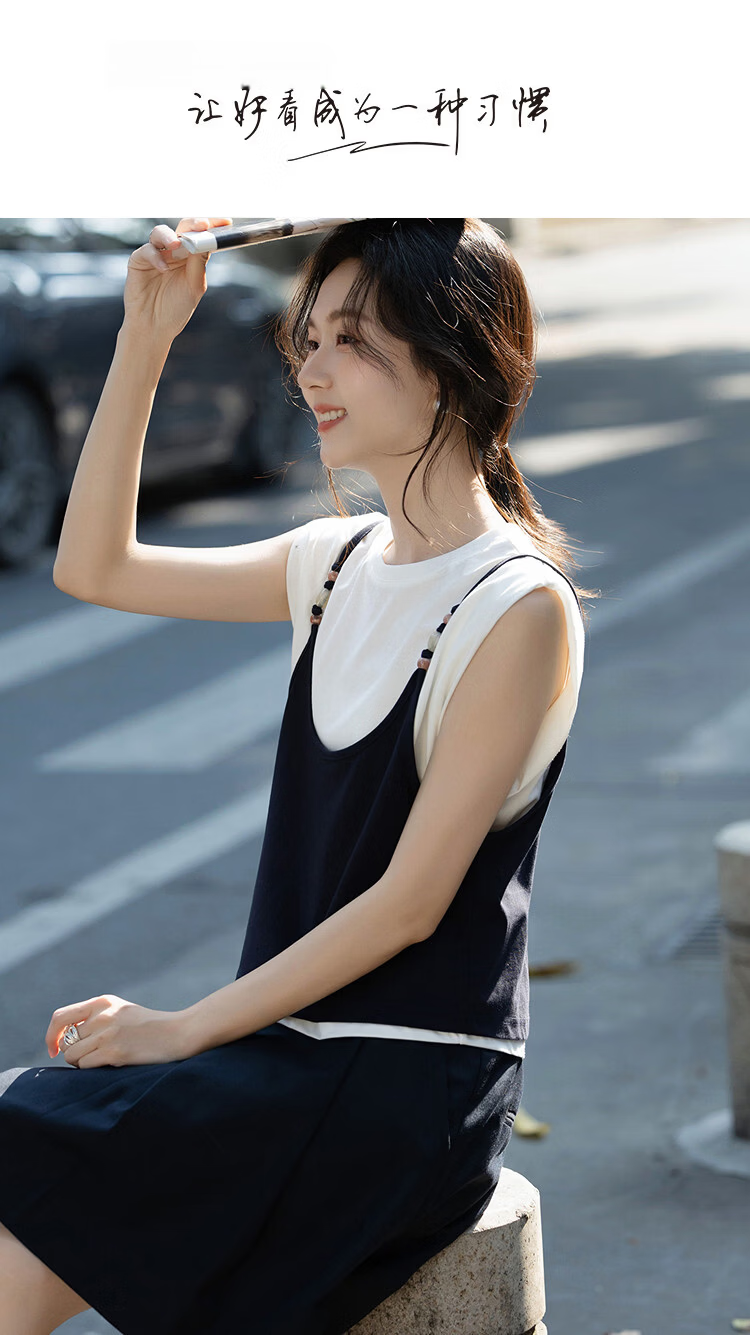 Demana [Cool Feeling Sorona] Summer Crew Neck Resin Bead Vest T-Shirt Slimming Concealing Two-Piece Set for Women High-End Style 1