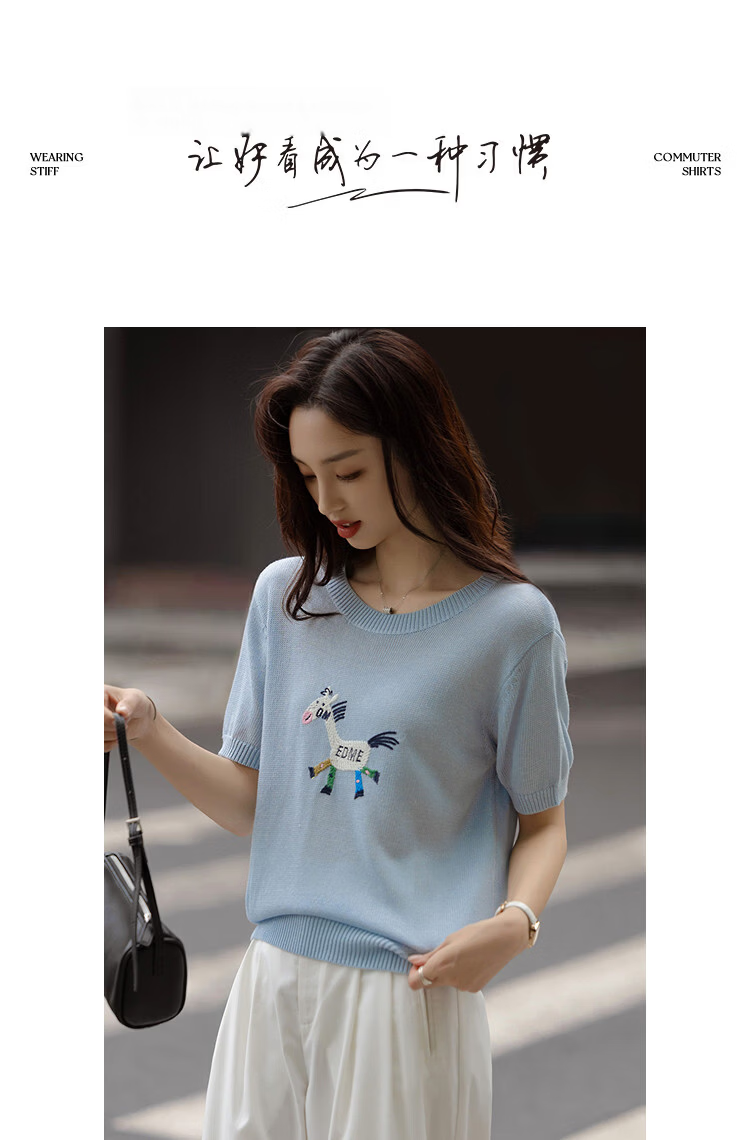 Demana Linen Lyocell Blend Spring Cute Colorblock Embroidered Slimming Short Sleeve Knit Sweater for Women 13