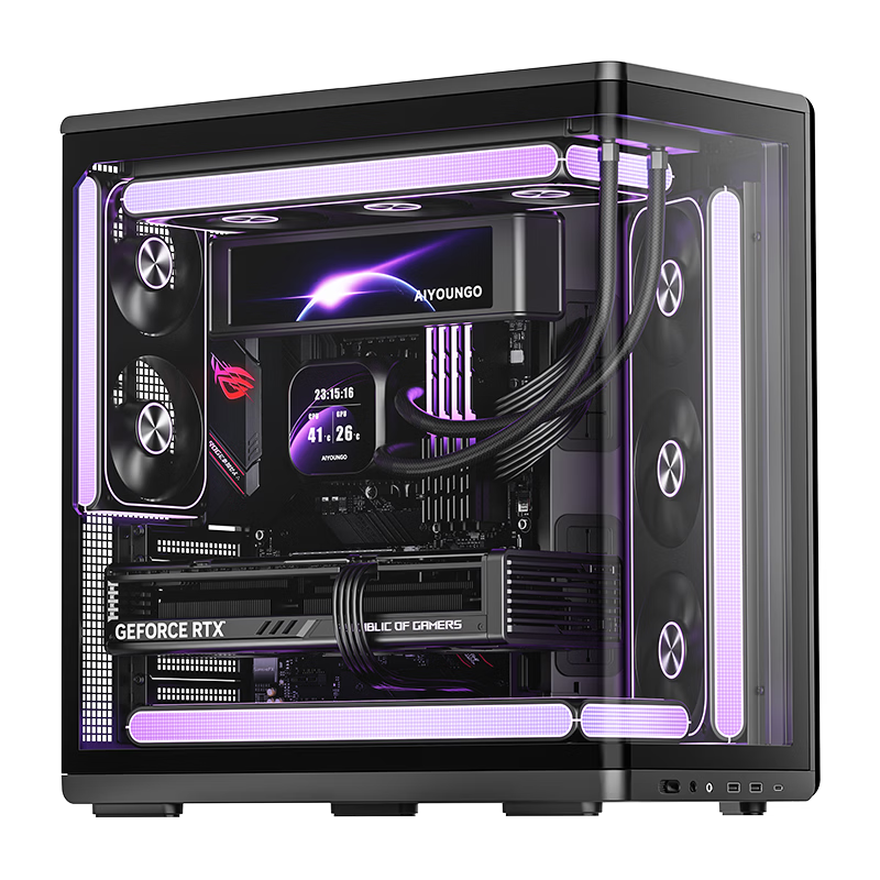 Aigo Starry Dawn Display Version Black Gaming Desktop ATX Case with 360mm Water Cooling Support, Integrated Curved Glass, Left And Right Compartment Design, Supports 5090 Graphics Card