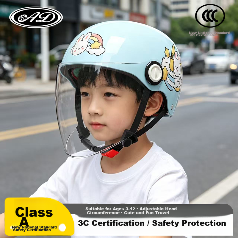 AD3C Certified Kids Electric Bike Helmet for Boys and Girls Ages 3-12, Four Seasons Safety Helmet for Electric Scooters, Summer and Winter Half Helmet, Model 808 Lake Blue Rabbit
