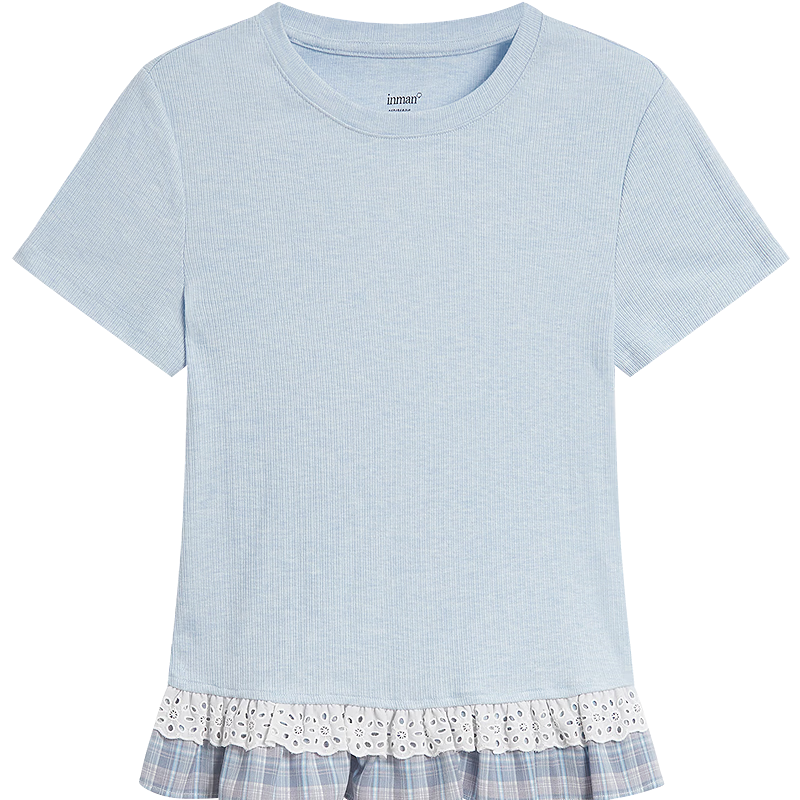 INMAN Color-Block Lace Trim Short Sleeve Slim Fit T-Shirt 26 Summer Women's New Lace Plaid Top Light Blue S
