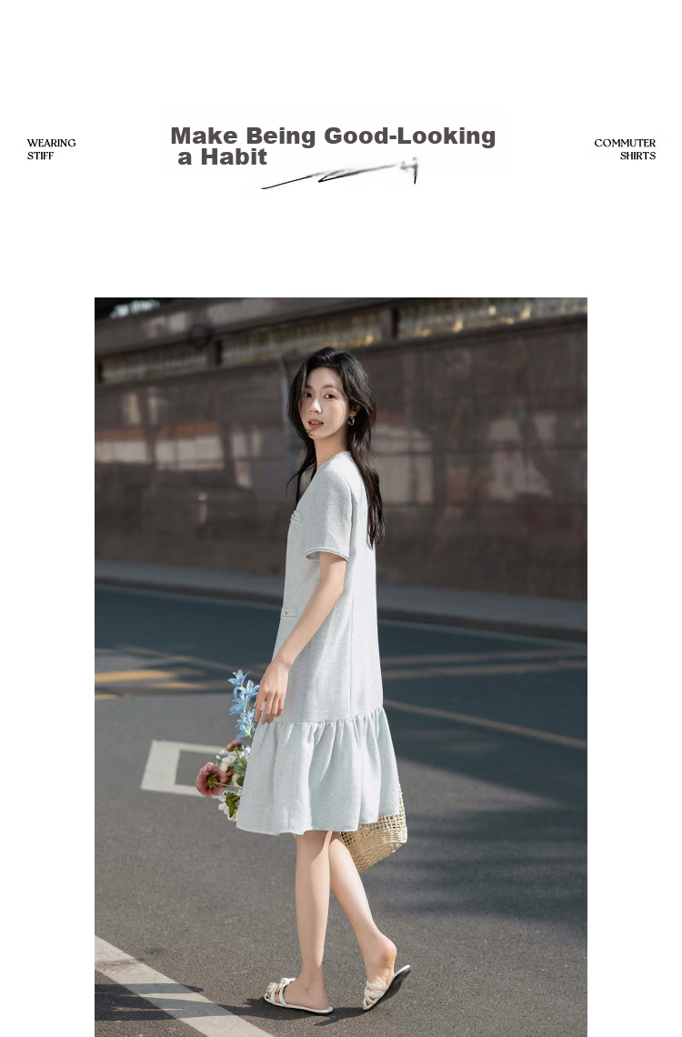 Demana Urban Socialite Summer Tweed V-Neck Fake Pocket Ribbon Slimming Concealing Dress for Women Premium 10