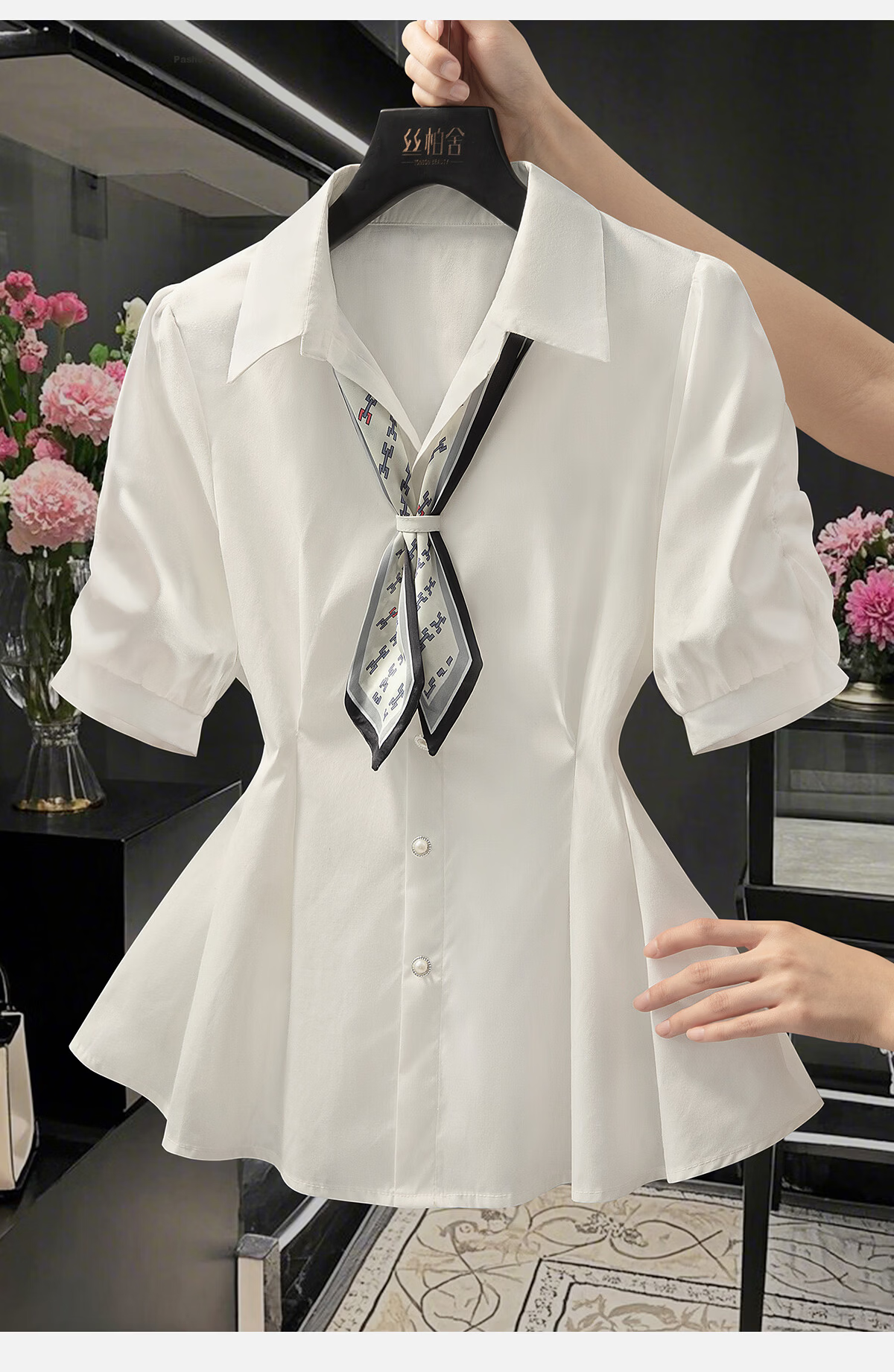 Cypress Collar Solid Color Waist-Cinching Short Sleeve Shirt Women 2026 Spring Summer New Fashion Commuter Elegant Design Shirt 2