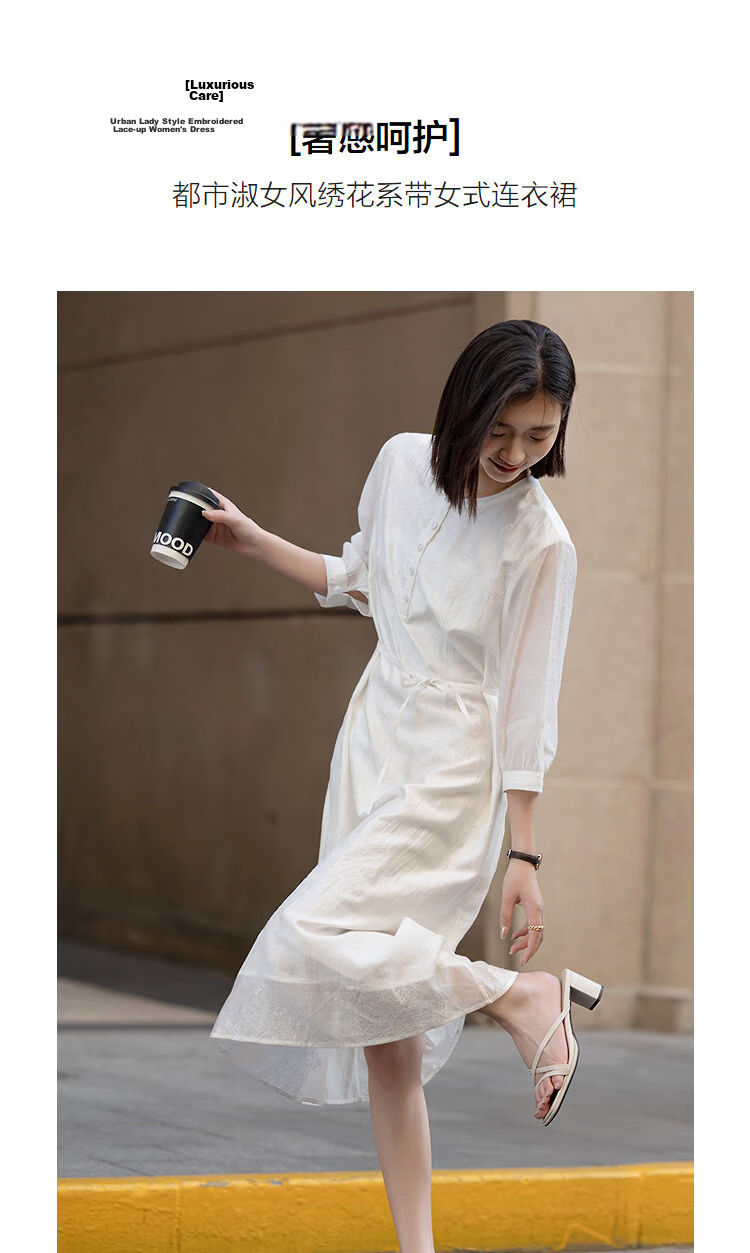 Demana Luxurious Tencel Spring Urban Lady Embroidered Lace-Up A-Line Lightweight Petite Women's Dress 3