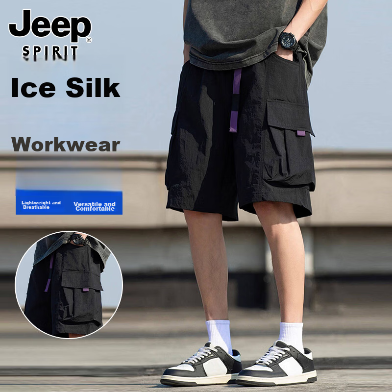JEEP SPIRIT Men's American Style Ice Silk Shorts Summer Thin Workwear Five-Point Loose Casual Pants Black M