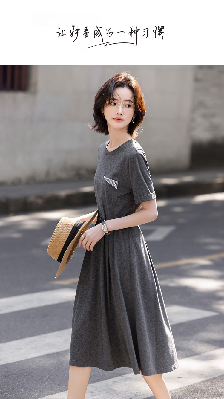 Demana Qingshuang Solona Summer Simple Round Neck Striped Patch Pocket Waist Slimming Dress for Women Premium Feel 1