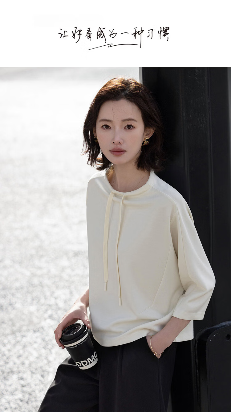 Demana Sandwashed Air Layer Spring Stand Collar Raglan Mid-Sleeve Loose Fit Petite Women's Sweatshirt 1