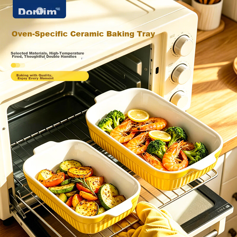 Donlim Ceramic Baking Tray Double-Handle Microwave Oven Plate Thickened Anti-Scald Dinner Plate 650mL