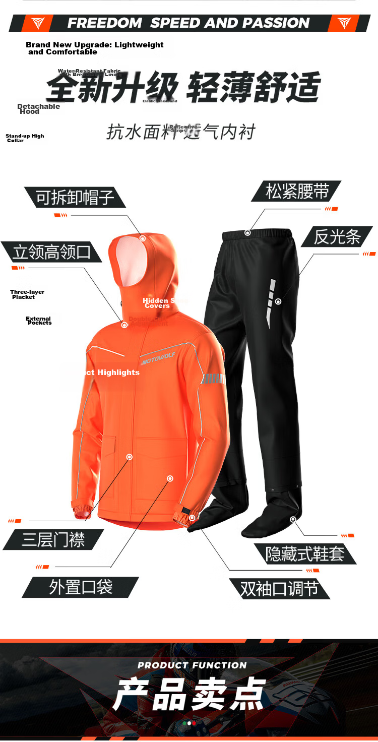 MOTOWOLF Motorcycle Riding Raincoat and Rain Pants Separate Set Waterproof Riding Travel Commuting Suit 3