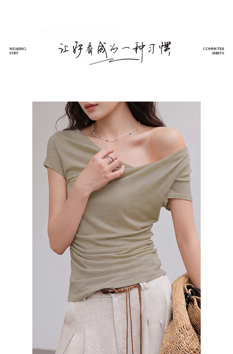Demana [With Wool and Lyocell] Summer Fashion Urban Twist Off-Shoulder Short Sleeve Slim T-Shirt for Petite Women 9
