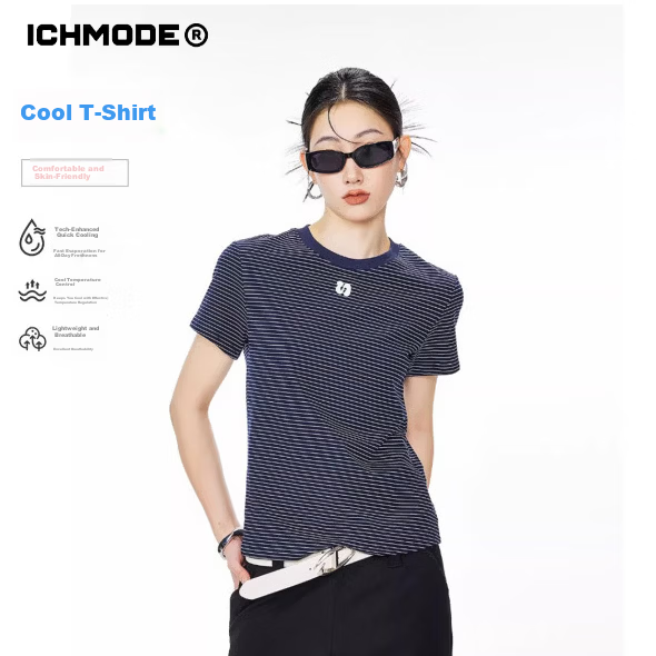 ICH MODE American Style Striped Slim Fit Short Sleeve T-Shirt for Women 2026 New Trendy Slimming Shoulder-Fitting Top Navy Blue XL
