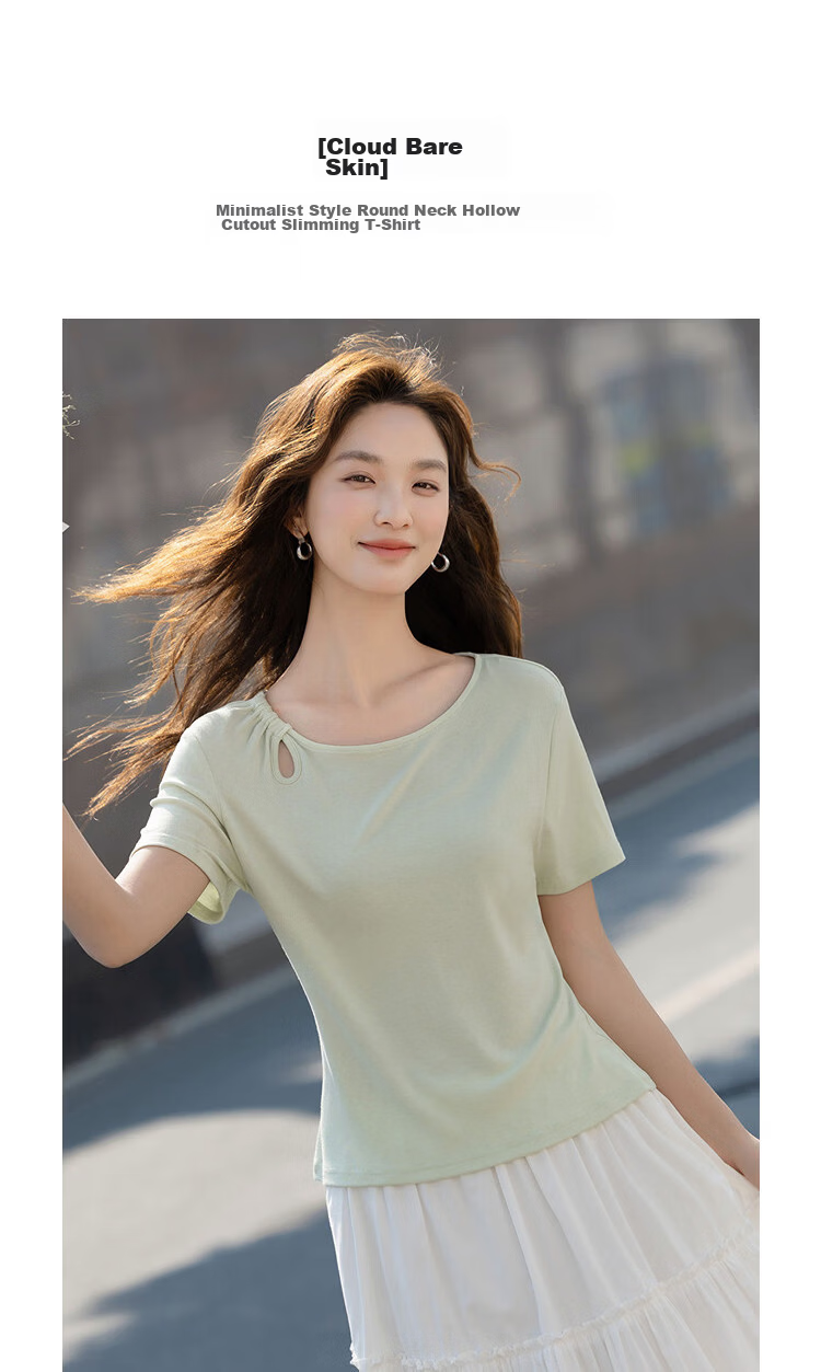 Demana [With Wool and Lyocell] Summer Simple Style Round Neck Hollow Cut Slimming Concealing T-Shirt for Women Premium Feel 5